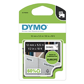 Dymo 16959 12mm x 5.5m Black on White Polyester labels